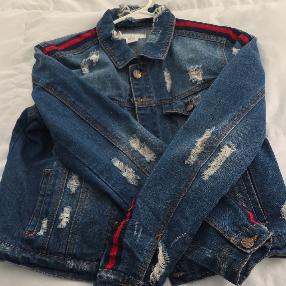 Crave Fame Distressed Denim Jacket with Red Accents